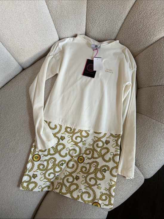 Versace Other - Versace Cream Long-Sleeve Kids Nightgown with Gold Chain-Print Skirt